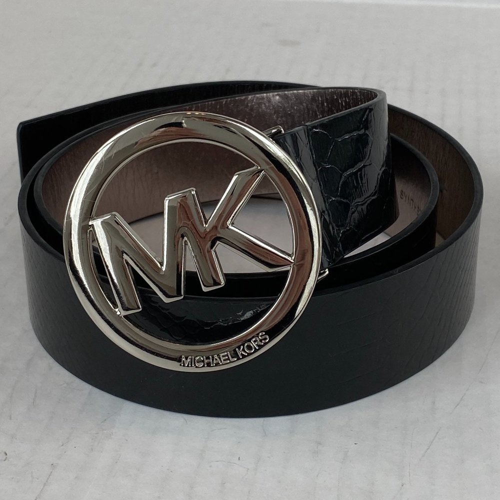 NWOT MICHAEL Michael Kors Silver Logo Buckle Black Leather Stamped Belt Size XL